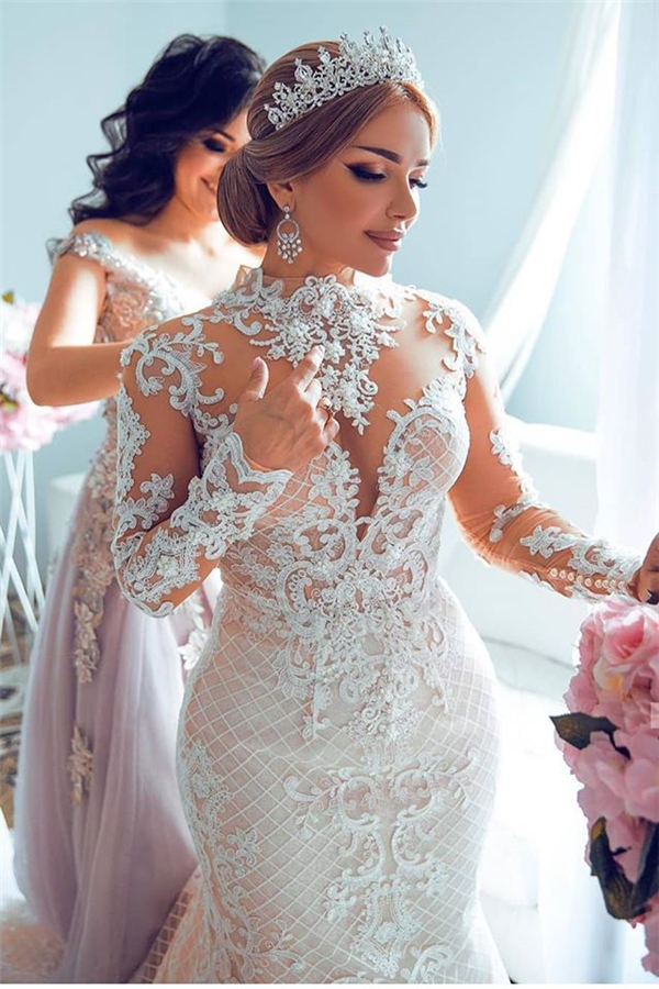 Gorgeous Sheer Tulle Lace Appliques Wedding Dresses | Long Sleeve High Neck Bridal Gowns with Court Train-newarrivaldress