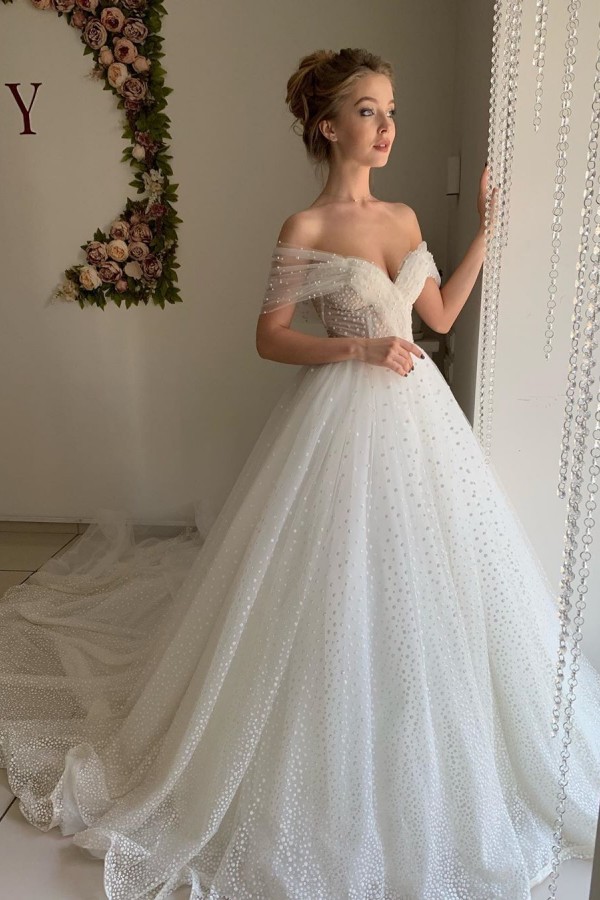 Sweetheart Pearl Off The Shoulder Ball Gown Wedding Dresses | Backless Tulle Bridal Gowns-newarrivaldress