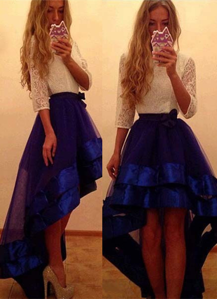 A-Line Hi-Lo Royal Blue Tulle White-Lace Prom Dress-newarrivaldress