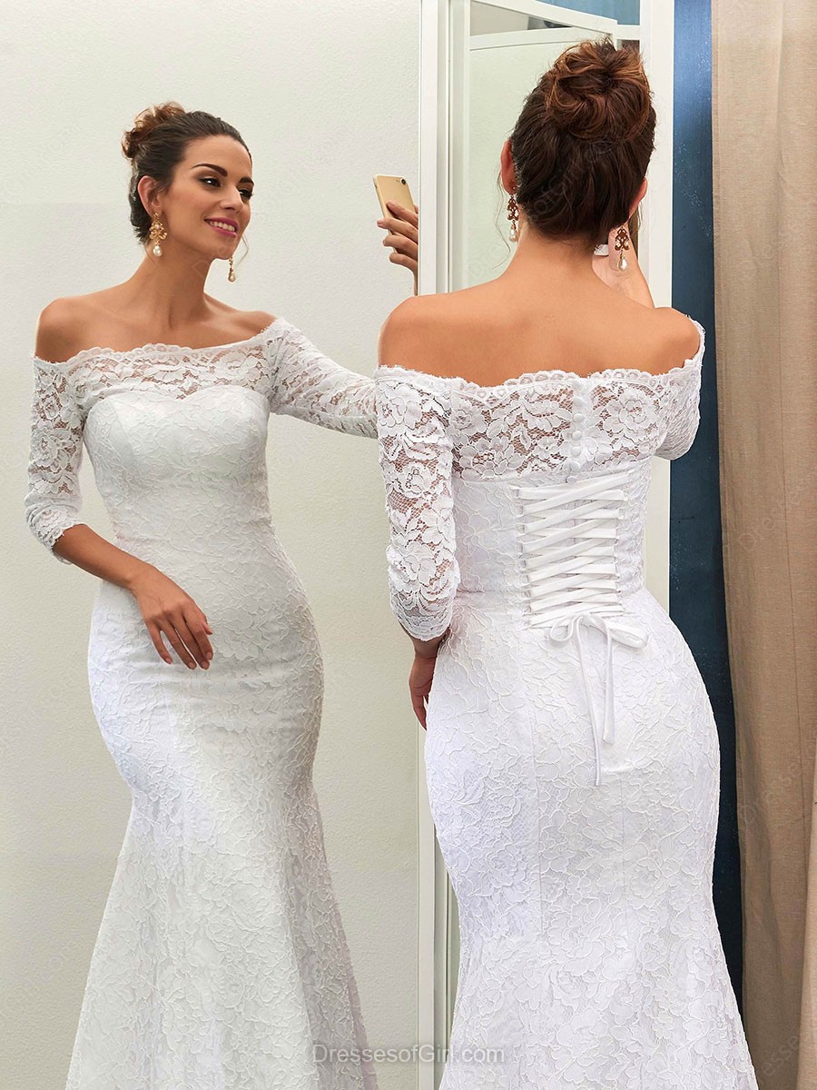 Sexy Off The Shoulder Lace Wedding Dresses with Half Sleeve | Lace Up Mermaid Simple Bridal Gowns-newarrivaldress
