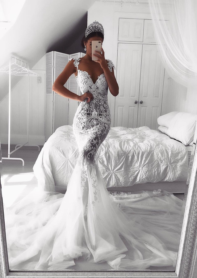modest mermaid style wedding dresses Modest Long Sleeves Lace Mermaid Wedding Dress MakerryBridal