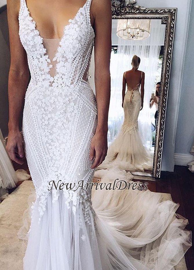 Custom Made Elegant Lace Appliques V-Neck Mermaid Open Back Wedding Dress-newarrivaldress