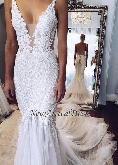 Custom Made Elegant Lace Appliques V-Neck Mermaid Open Back Wedding Dress-newarrivaldress