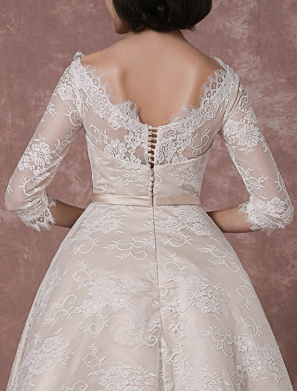 Lace Wedding Dress Vintage Bateau Champagne Half Sleeves Bridal Gown A Line Backless Tea Length Sash Reception Bridal Dress Exclusive-newarrivaldress
