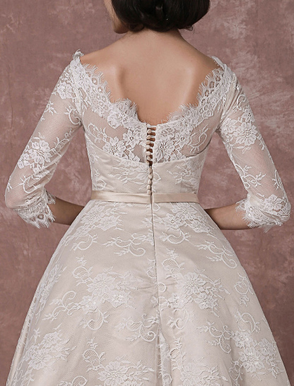 Lace Wedding Dress Vintage Bateau Champagne Half Sleeves Bridal Gown A Line Backless Tea Length Sash Reception Bridal Dress Exclusive-newarrivaldress