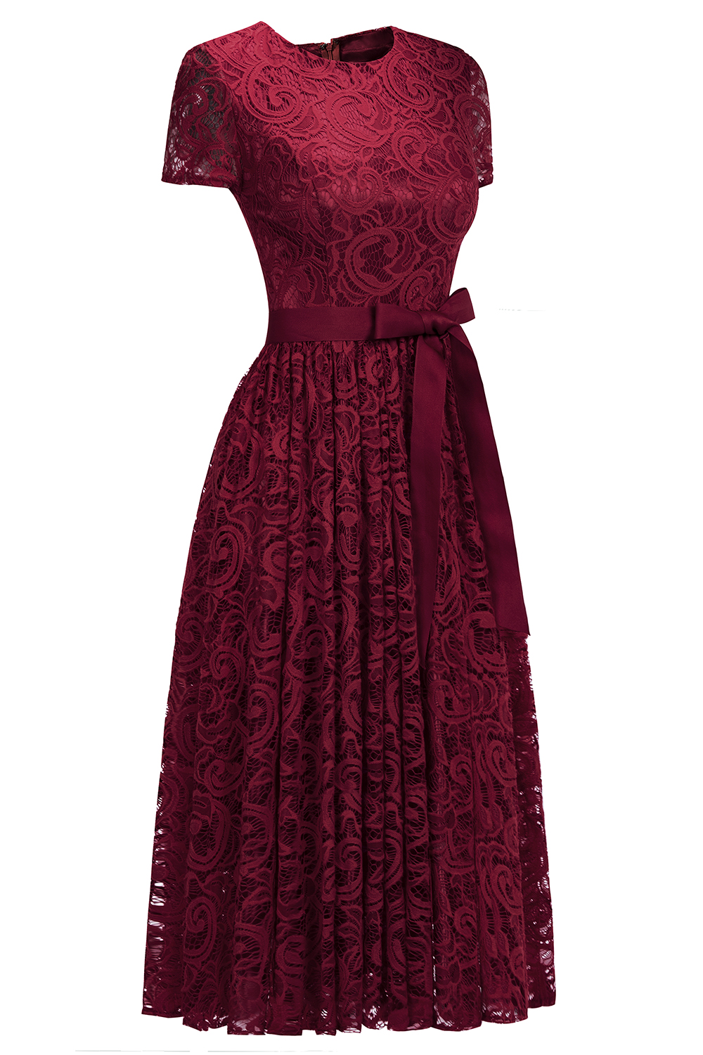 Short Sleeves Seath Red Lace Dresses with Ribbon Bow-newarrivaldress