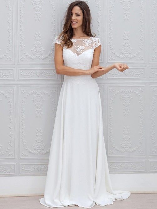 Beautiful Simple Short Sleeve Elegant A-Line Sweep Train Open Back White Wedding Dresses-newarrivaldress