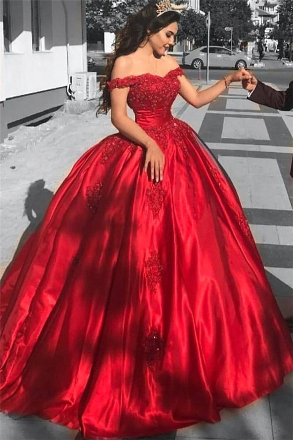 Off-the-Shoulder Ball Gown Red Evening Dress | Lace Prom Dress-newarrivaldress