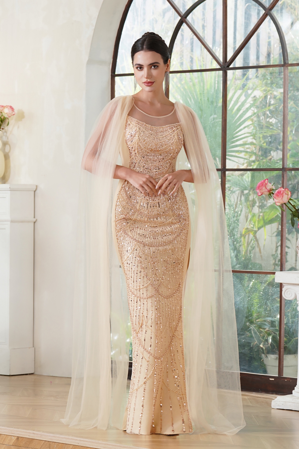 Champagne Tulle Trumpet Prom Dress with Cape Scoop Neck Beadings Long Evening Dress with Side Split-newarrivaldress