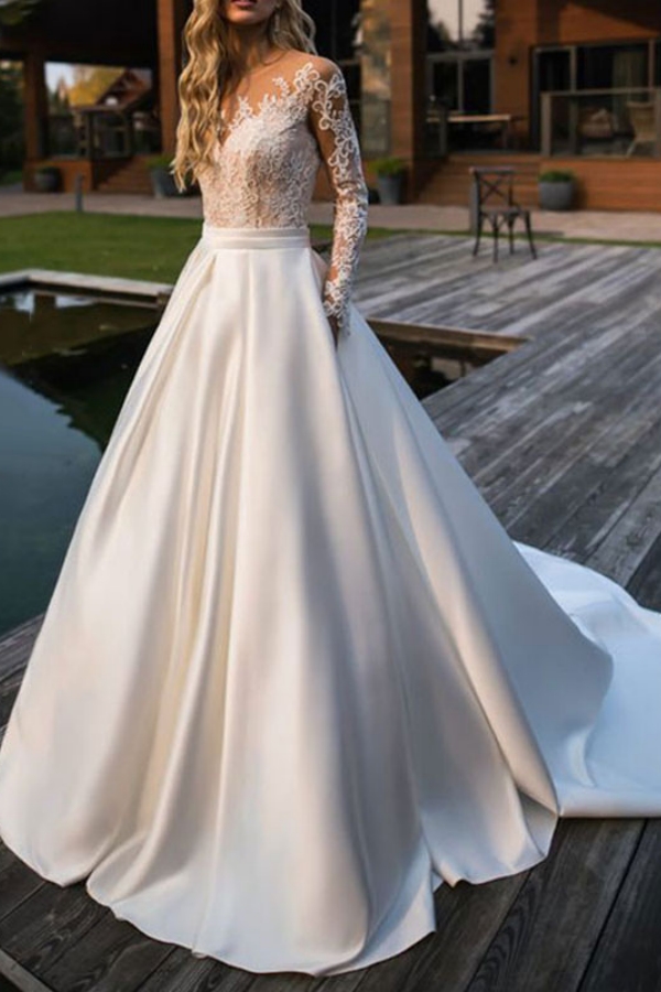Wedding Dress Princess Silhouette Jewel Neck Long Sleeves Natural Waist Lace Satin Fabric Bridal Dresses-newarrivaldress