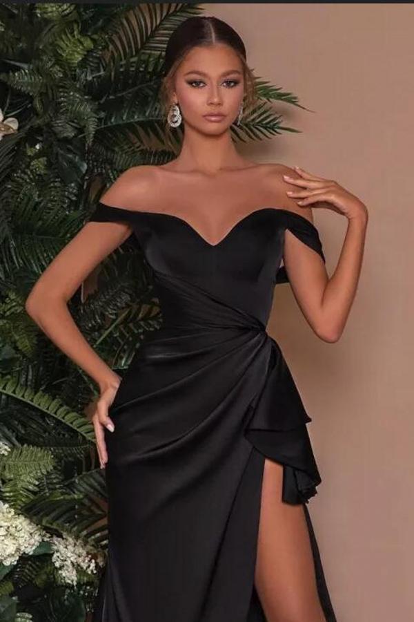 Black Off-the-Shoulder Side Slit Evening Dress Long Pleated Satin Prom Dress-newarrivaldress