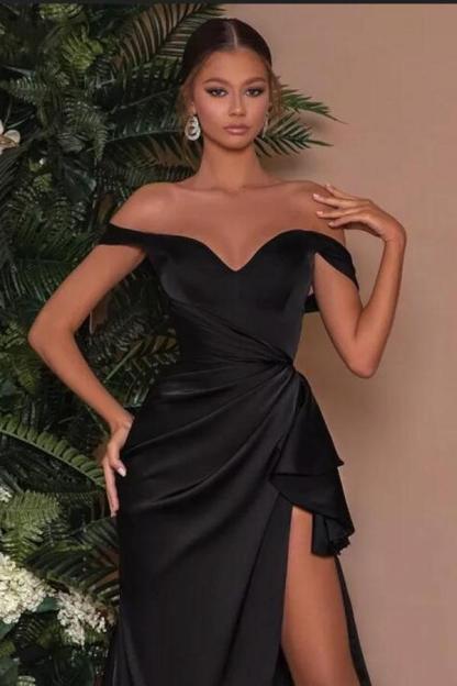 Black Off-the-Shoulder Side Slit Evening Dress Long Pleated Satin Prom Dress-newarrivaldress