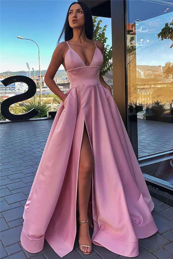 Spaghetti Straps Sexy Side Slit Formal Dresses | Sleeveless Open Back Long Evening Gowns-newarrivaldress