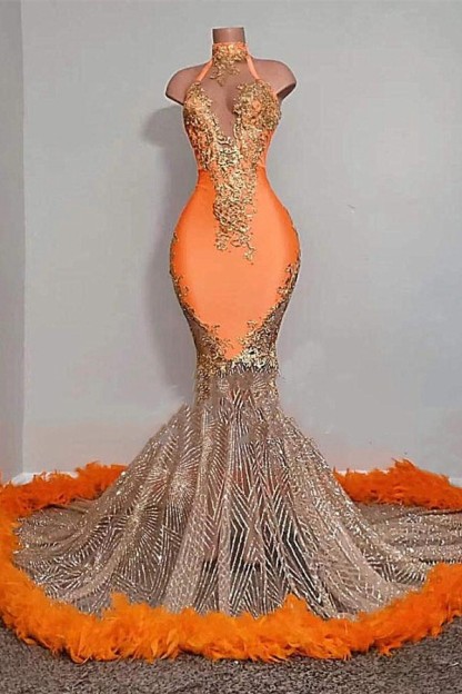 Halter Gold Appliques Mermaid Prom Dress Glitter Party Dress with Feathers-newarrivaldress