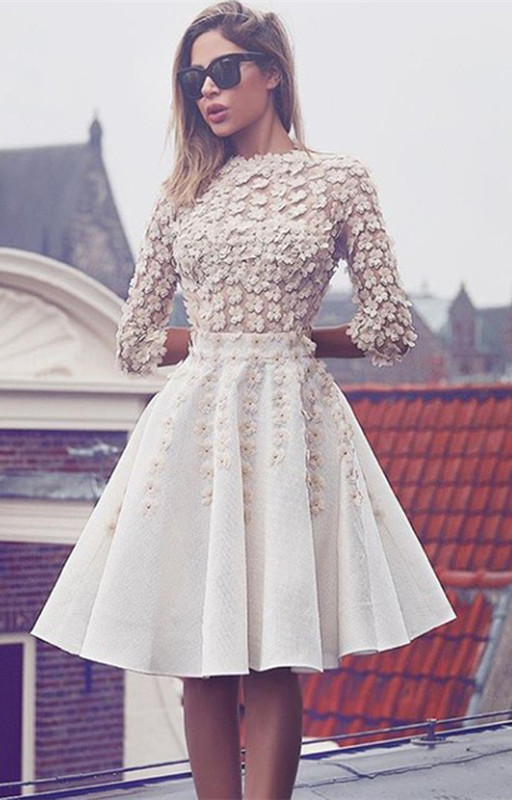 knee length dresses for ladies Royal Gold Long Sleeve Round Neck Sheath Short Homecoming Dresses with –  Hoprom