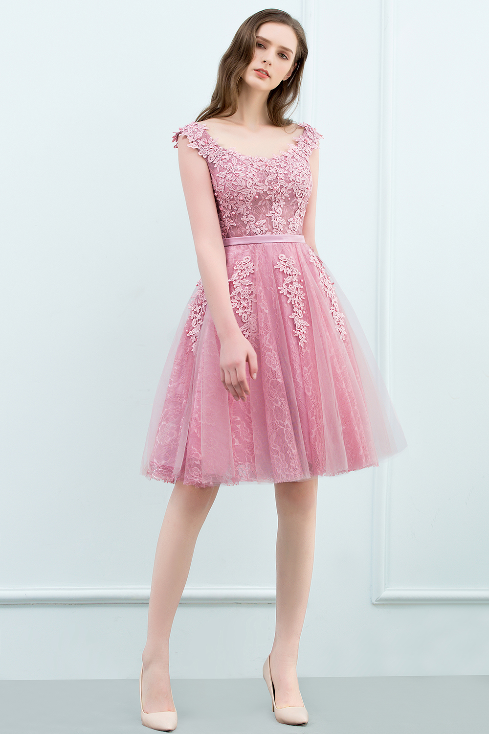 WILMA | Ball Gown Illusion Neckline Tea Length Lace Tulle Dusty Pink Prom Dresses with Beading-newarrivaldress