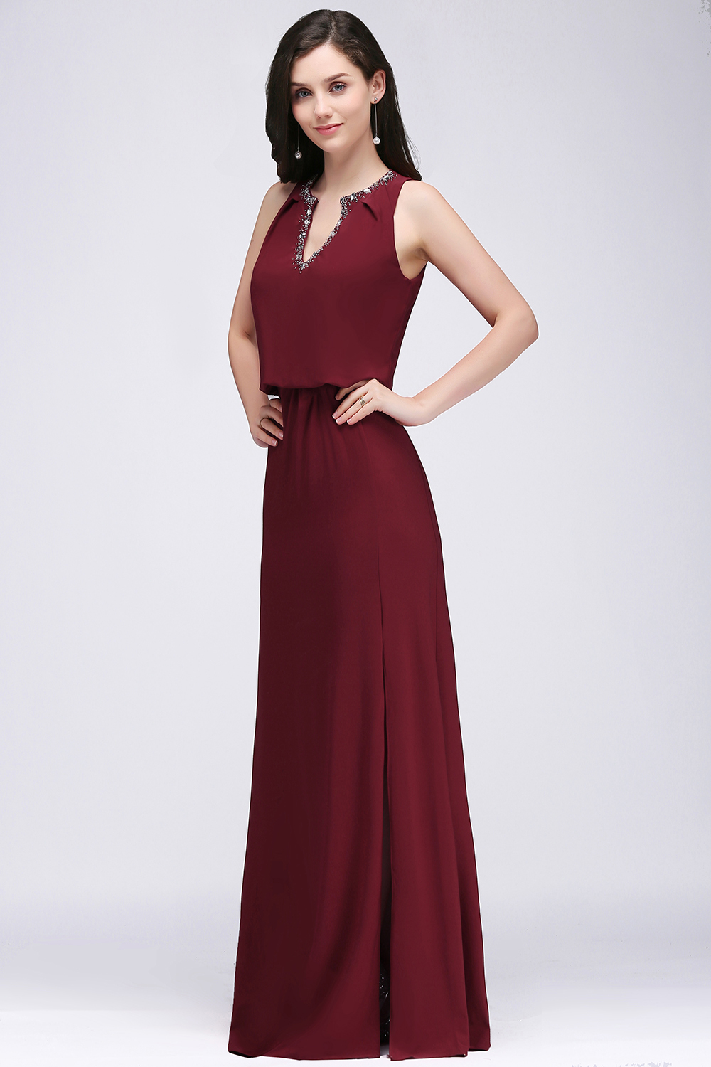 EDITH | A-line V-neck Floor-length Sleeveless Burgundy Prom Dresses with Crystal-newarrivaldress