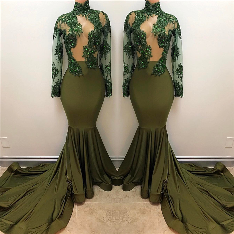 Olive Green Long Sleeve Long Prom Dresses Plus Size | High Neck Mermaid Formal Evening Gowns BA7958-newarrivaldress