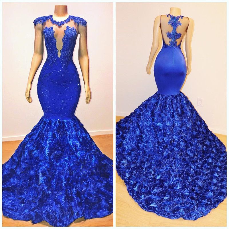 New Arrival Royal Blue Flowers Mermaid Evening Gowns | Glamorous Sleeveless With lace Appliques Long Prom Dresses-newarrivaldress