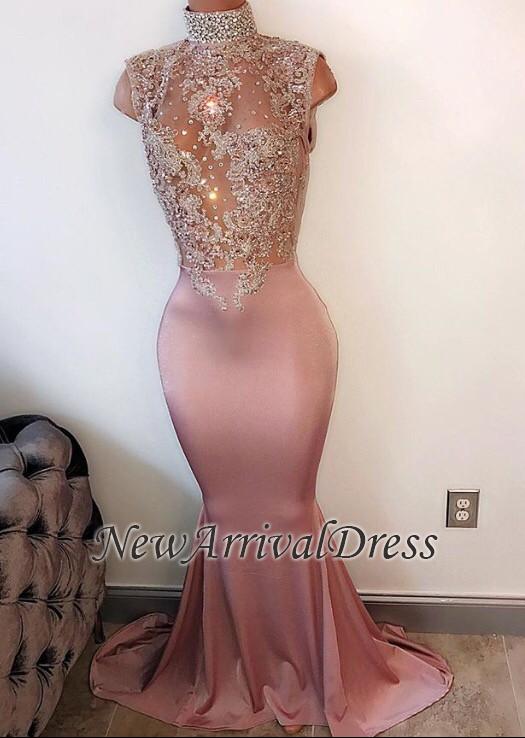 Lace Appliques Modest High Neck Sleeveless Pearls Mermaid Prom Dresses BA4598-newarrivaldress