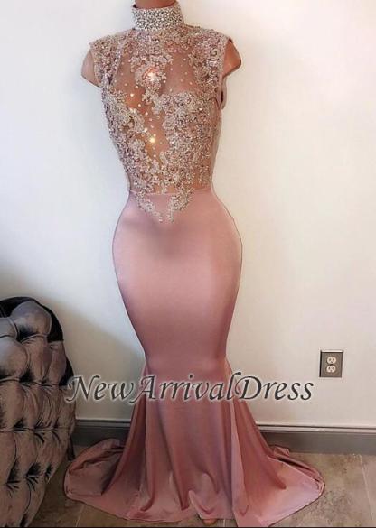 Lace Appliques Modest High Neck Sleeveless Pearls Mermaid Prom Dresses BA4598-newarrivaldress