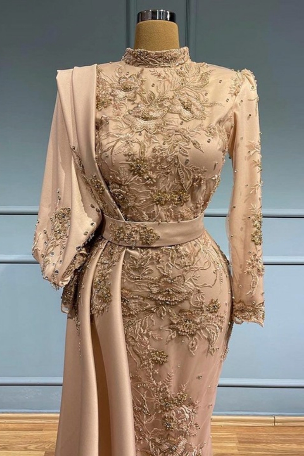 Gorgeous High Neck Long Sleeves Satin Mermaid Evening Gowns Gold Appliques with Sweep Train-newarrivaldress
