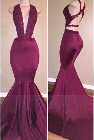 Mermaid Deep V-Neck Beads Cris-cross Back Long Prom Dresses-newarrivaldress