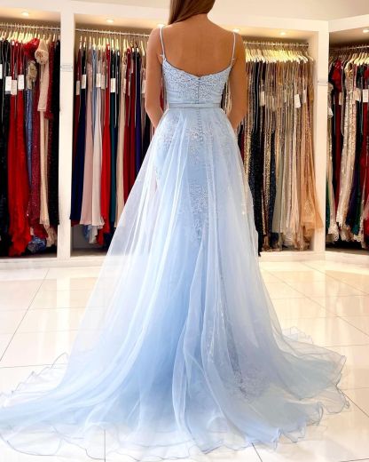 Sky Blue Spaghetti Straps Lace Mermaid Evening Dress with Tulle Detachable Train-newarrivaldress