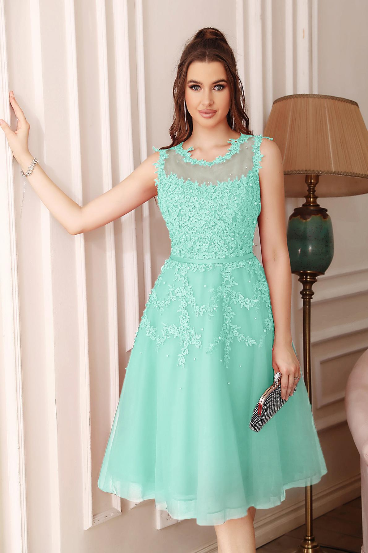 Tea-Length A-line Sheer-Neck Amazing Lace-Appliques Beaded Party Dresses-newarrivaldress