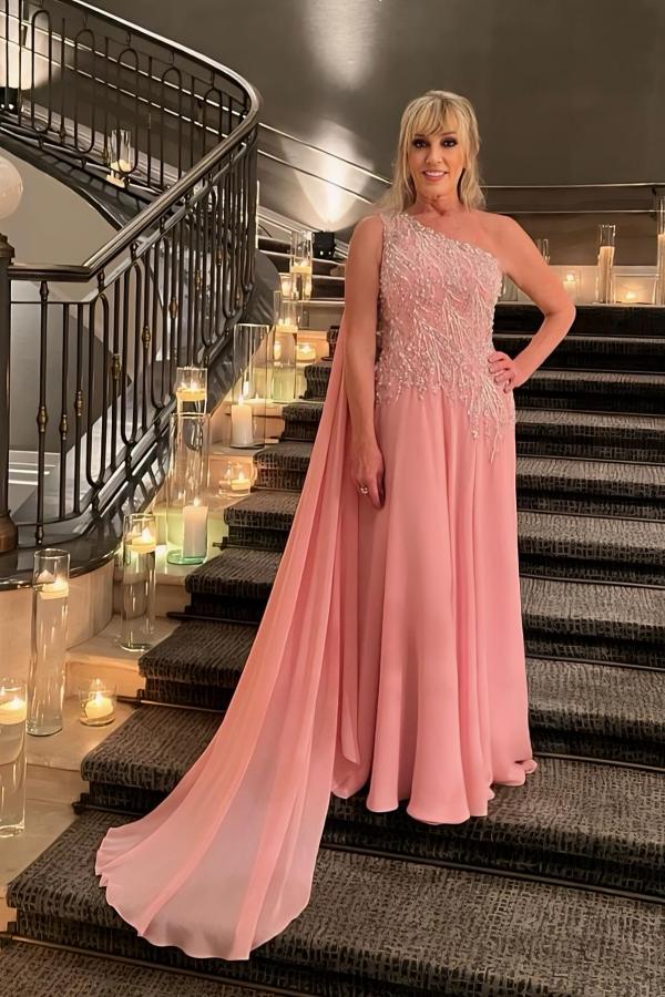 One Shoulder Pink Chiffon Wedding Guest Dress Pearls Long Evening Dresses-newarrivaldress