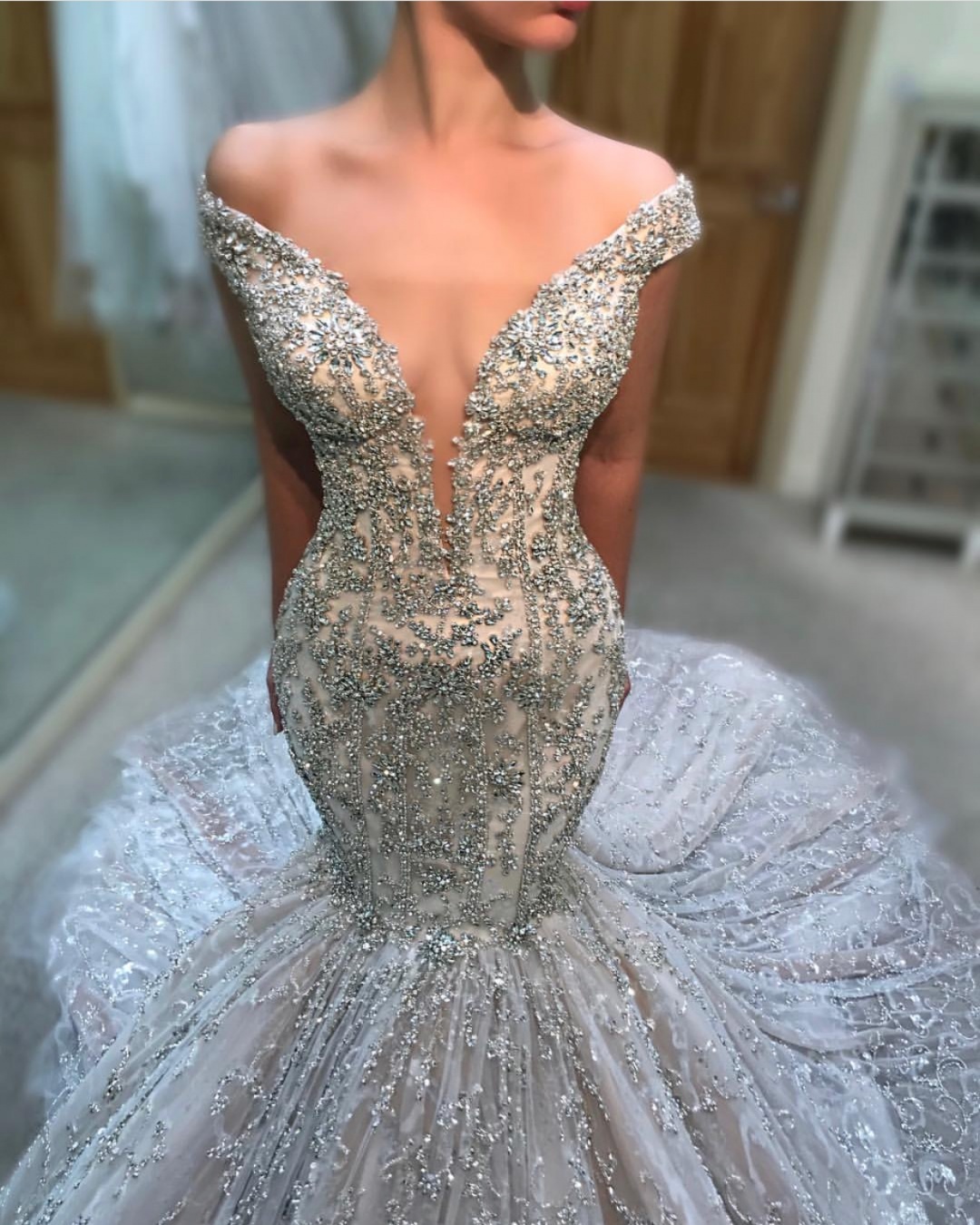 Charming Off The Shoulder Sexy Bridal Gowns | Tulle Beading Mermaid Court Train Wedding Dress-newarrivaldress