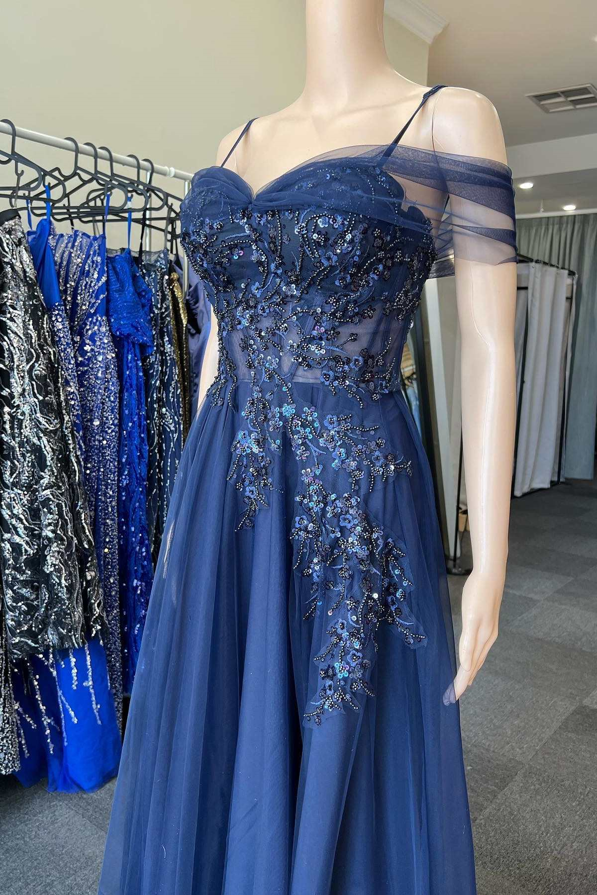 Off-the-Shoulder Navy Blue Evening Dress Tulle Lace Formal Dresses with Appliques-newarrivaldress