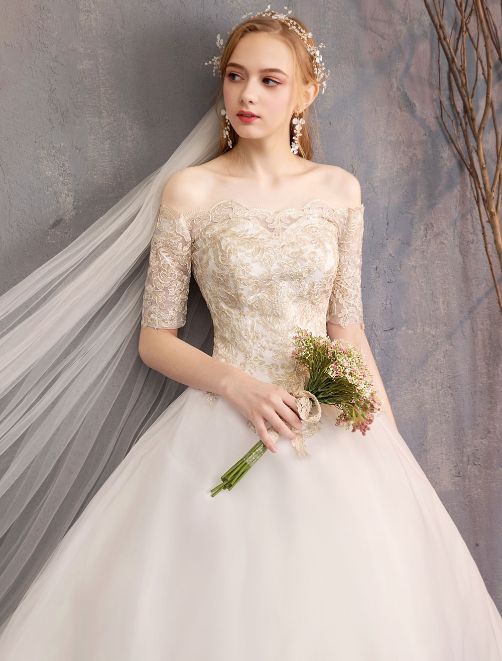 Tulle Wedding Dress Off The Shoulder Half Sleeve Princess Bridal Gown-newarrivaldress