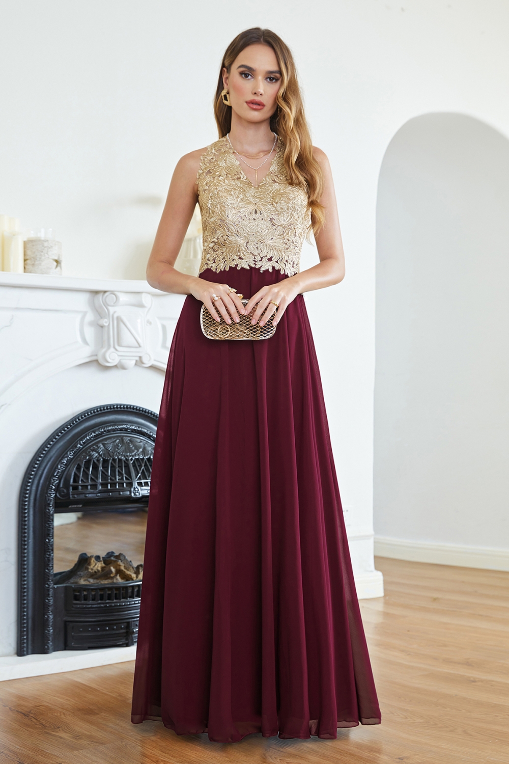 Chiffon Long Evening Dress Sleeveless Gold Appliques Floor Length Bridesmaid Dress V-neck-newarrivaldress