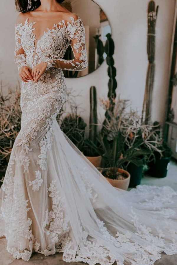 Eric White Wedding Dress Illusion Neckline Long Sleeves Backless Natural Waist Lace With Train Long Bridal Mermaid Dress-newarrivaldress