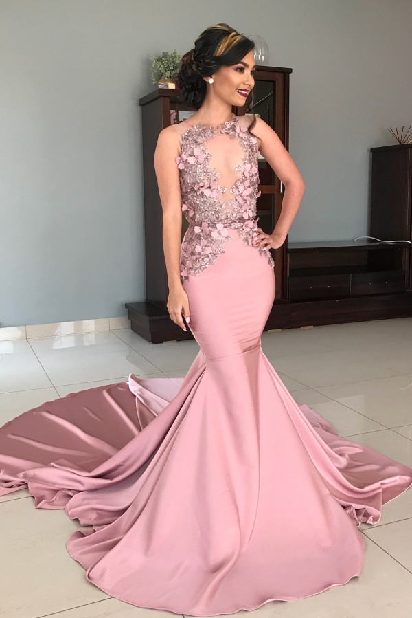 Sheer Tulle Pink Lace Appliques Prom Dresses | Mermaid Sleeveless Sexy Evening Gowns with Court Train-newarrivaldress