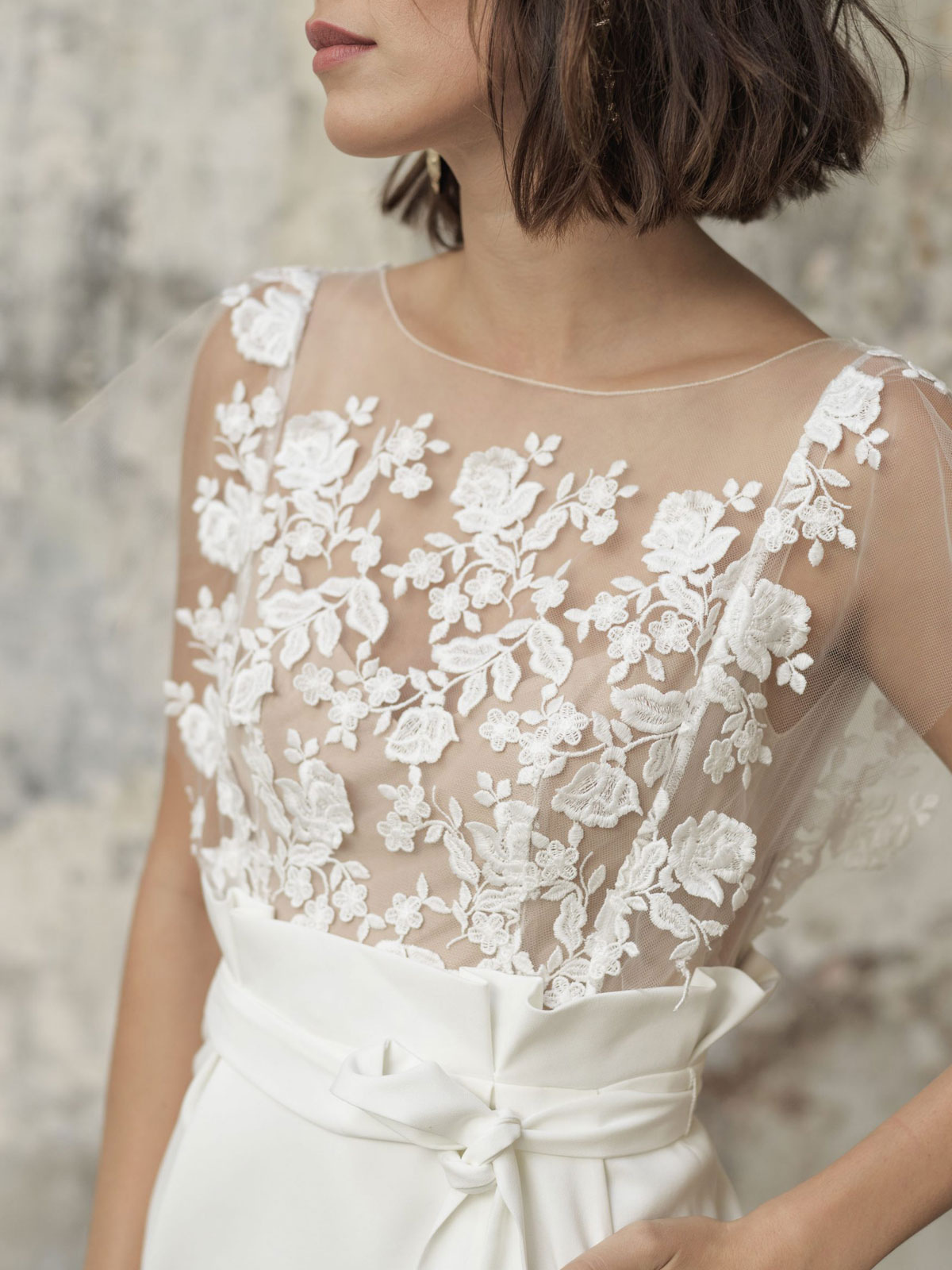 White Short Wedding Dresses Illusion Neckline Jewel Neck Short Sleeves Sheath Natural Waist Lace Bows Cut-Outs Ruffles Bridal Dresses-newarrivaldress