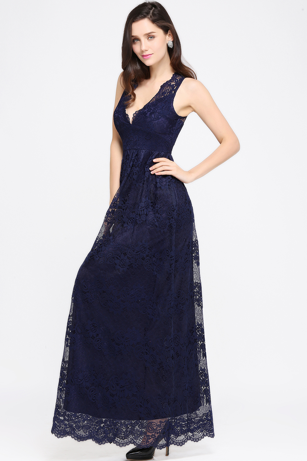 CHAYA | Sheath V-neck Floor-length Lace Navy Blue Prom Dress-newarrivaldress