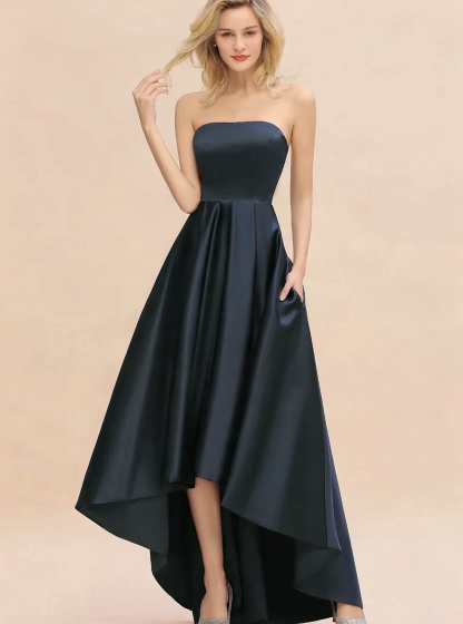 Strapless Satin Hi-Lo Bridesmaid dresses Simple Asymmetrical Length Party Dress