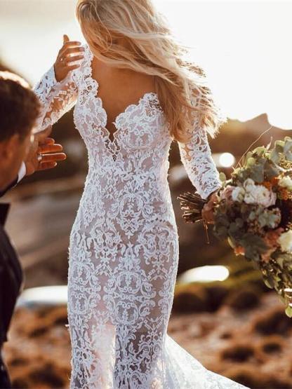 Long Sleeve Floral Lace Backless Mermaid Wedding Dresses-newarrivaldress
