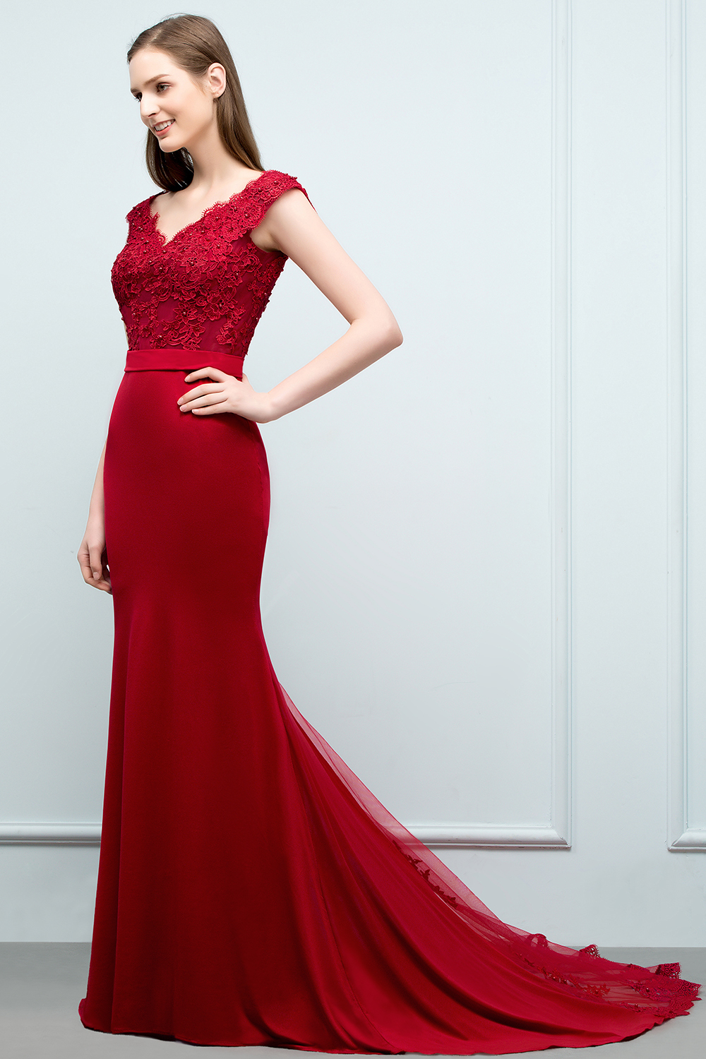 JOURNEY | Mermaid Floor Length V-neck Appliques Beads Prom Dresses with Sash-newarrivaldress