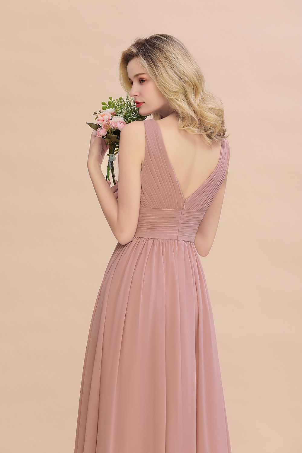 Elegant Dusty Rose Ruffle Chiffon Bridesmaid Dress Aline Sleeveless Wedding Party Dress-newarrivaldress