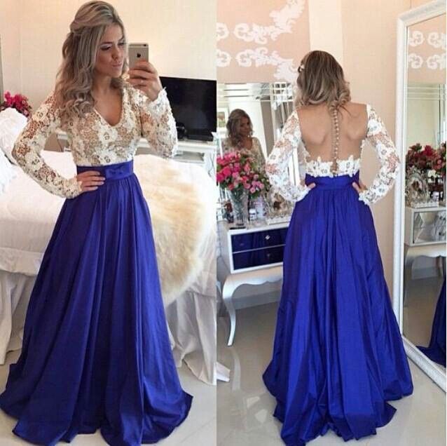 Lace Long Sleeves Prom Dresses V Neck Sheer Open Back Beaded Evening Gowns BT00-newarrivaldress