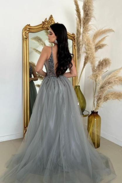 Sexy Deep V-Neck Glitter Sequins A-line Evening Dress with Side Split Sleeveless Tulle Long Party Dress-newarrivaldress