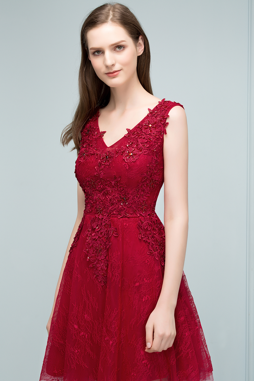 JULIA | A-line Sleeveless Short V-neck Lace Appliqued Tulle Prom Dresses-newarrivaldress
