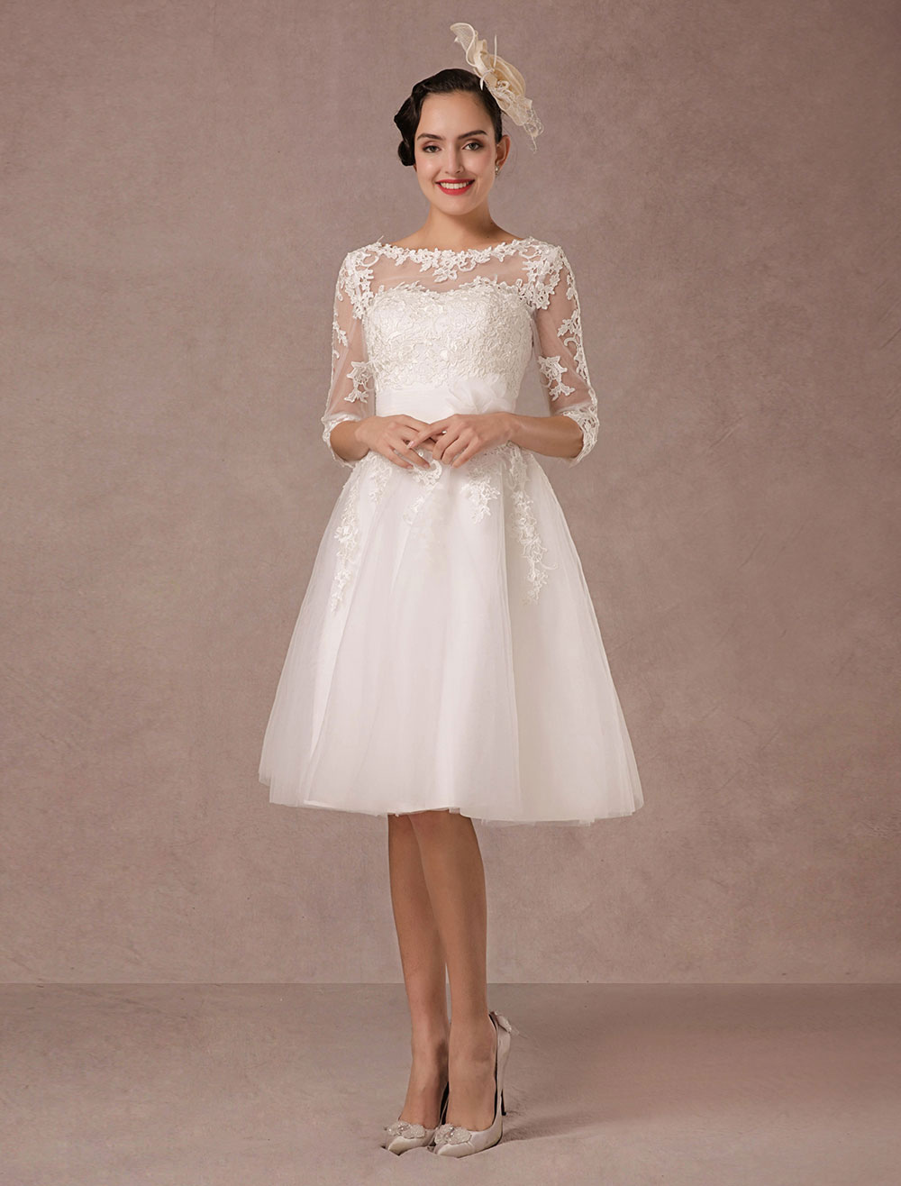 Short Wedding Dress Vintage Lace Applique Long Sleeves Tea Length A Line Tulle Bridal Gown With Flower Sash Exclusive-newarrivaldress