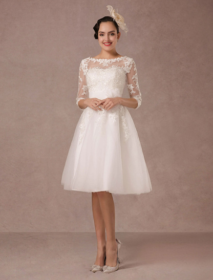 Short Wedding Dress Vintage Lace Applique Long Sleeves Tea Length A Line Tulle Bridal Gown With Flower Sash Exclusive-newarrivaldress