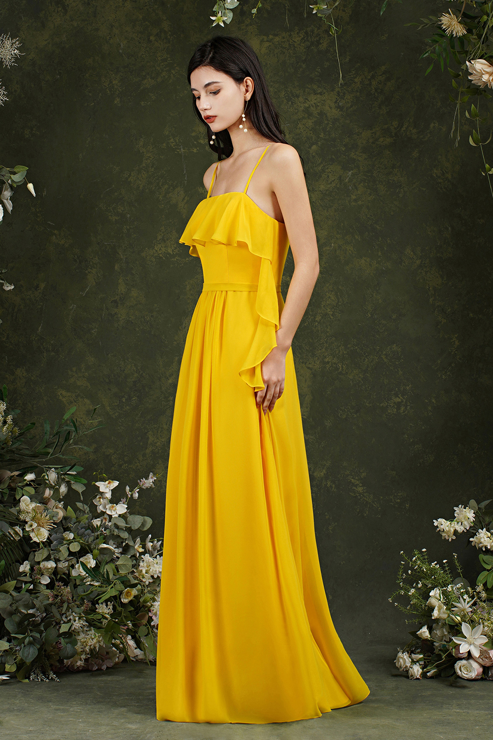 Yellow Ruffles Sleeveless Floor-Length Dress for Wedding Guests-newarrivaldress