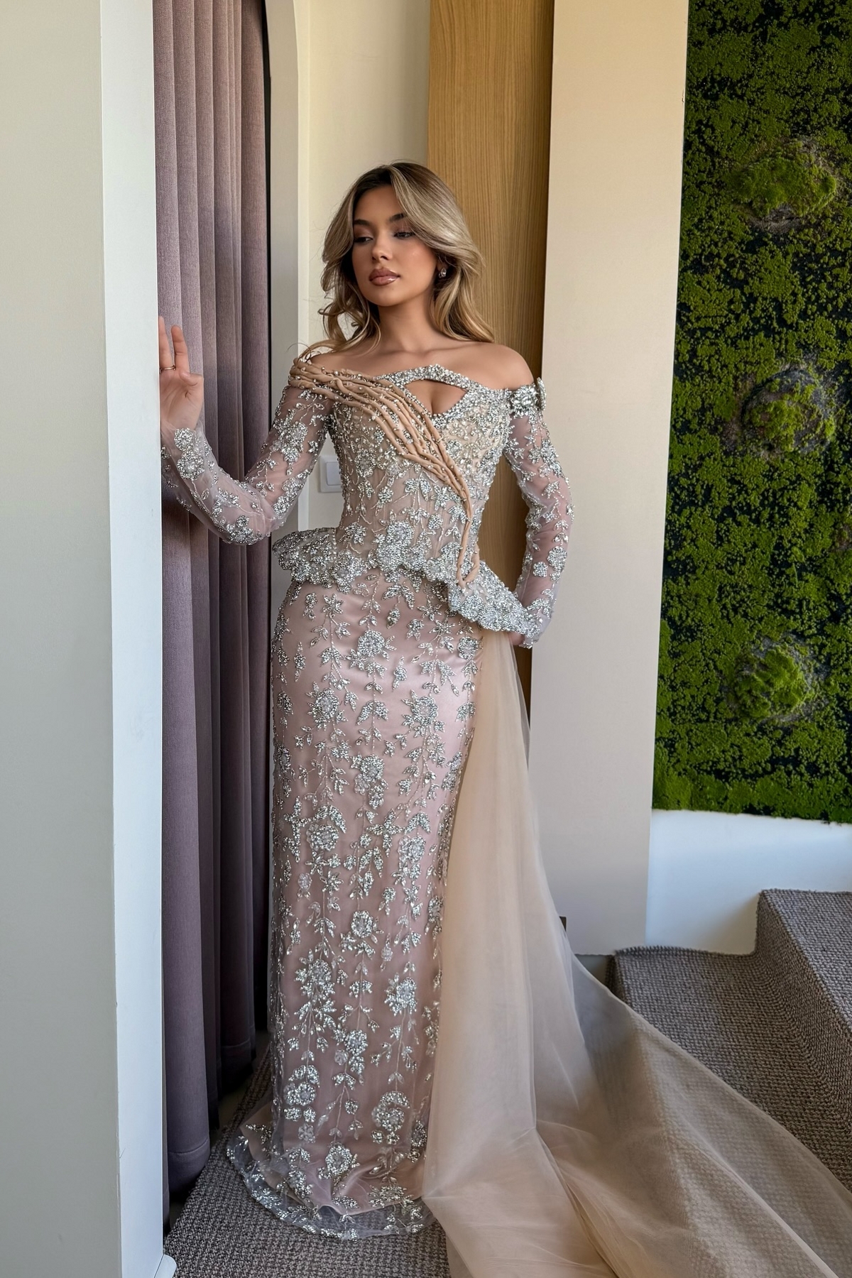 Off Shoulder Long Sleeves Mermaid Evening Gown Glitter Sequins with Tulle Sweep Train-newarrivaldress