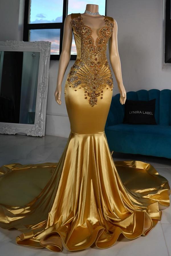 Stunning Crystals Mermaid Prom Dress V-Neck Long Sleeves Satin Bodycon Party Dress-newarrivaldress